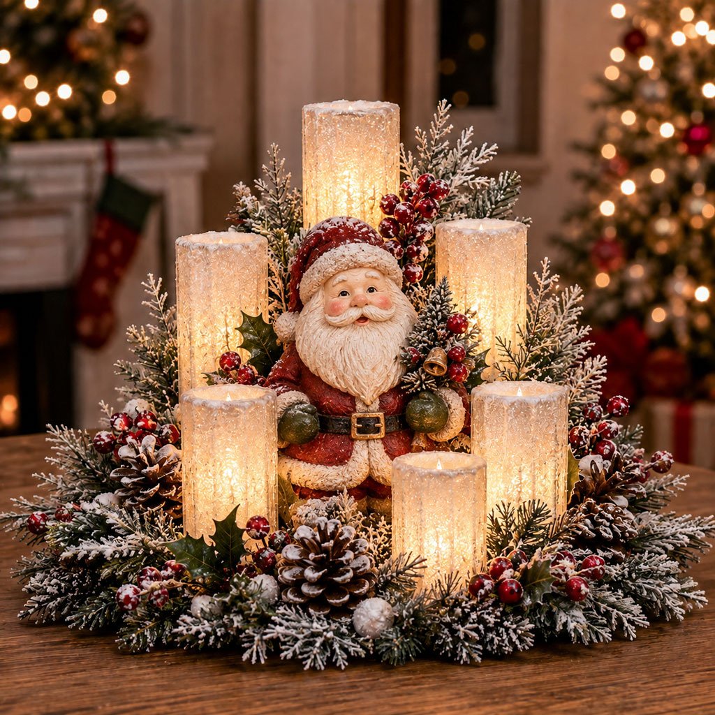 Weihnachtszauber LED-Kerzenlicht – Beleuchtetes Weihnachtsgesteck mit Figur
