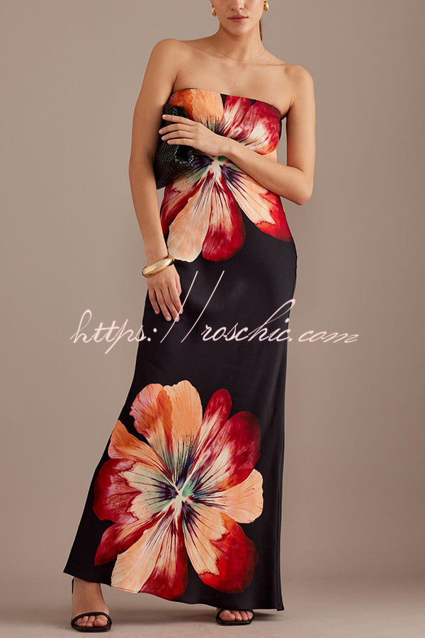 Anna™ | Charmantes Damen-Satin mit Blumenmuster, Bandeau-Design, Weites Maxi-Kleid