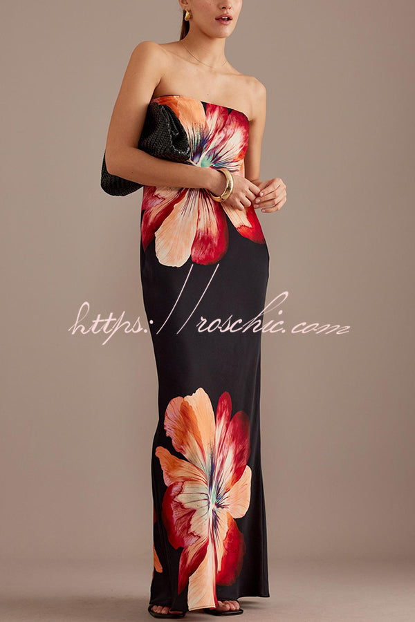 Anna™ | Charmantes Damen-Satin mit Blumenmuster, Bandeau-Design, Weites Maxi-Kleid