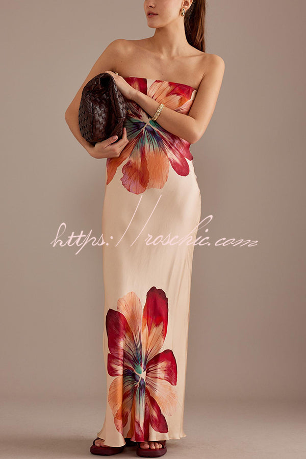 Anna™ | Charmantes Damen-Satin mit Blumenmuster, Bandeau-Design, Weites Maxi-Kleid