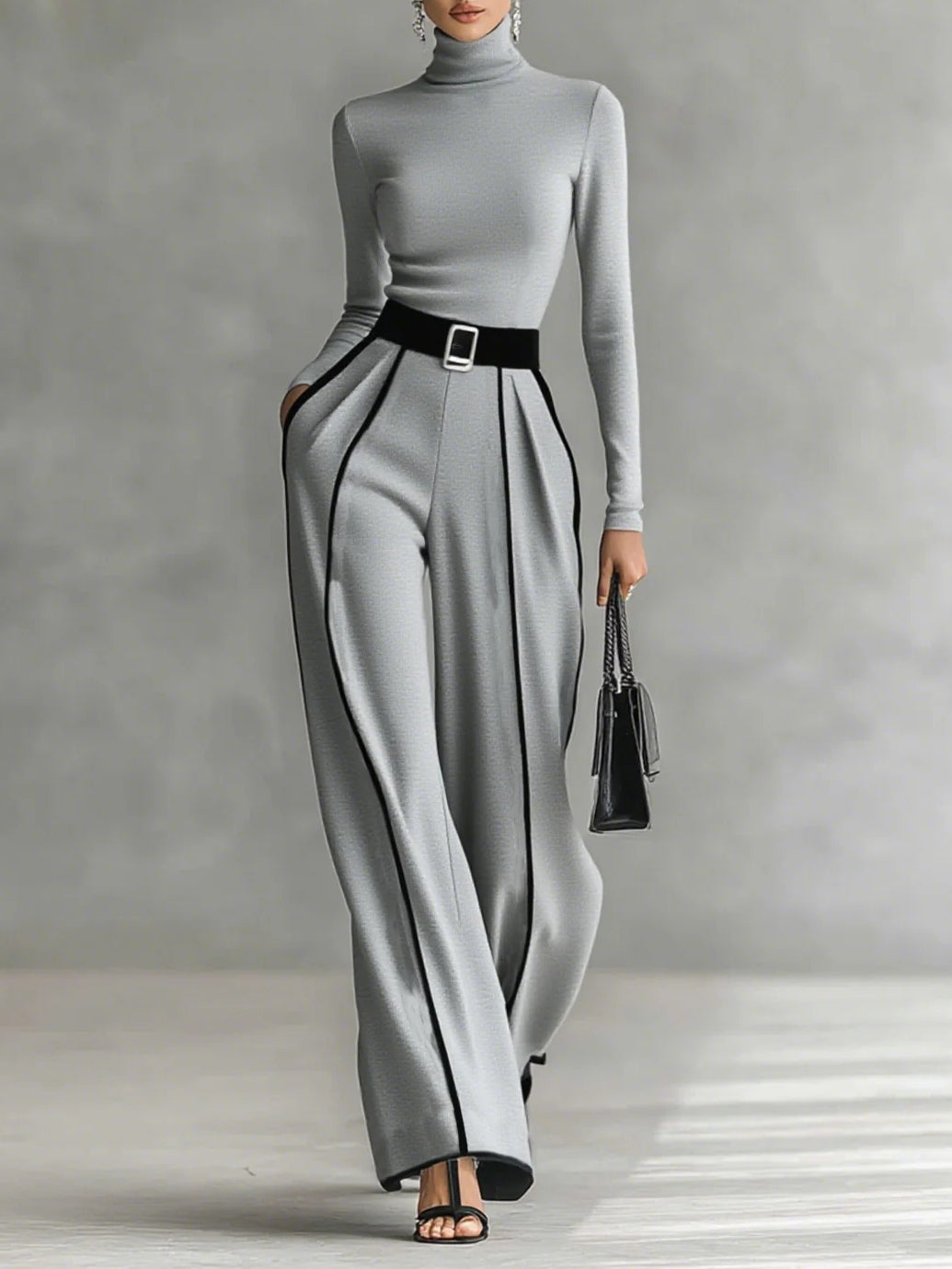 Tia™ | Weißes Ziertrim-Hochkragen-Langarm-Top, Hose mit weitem Bein und Gürtel-Set