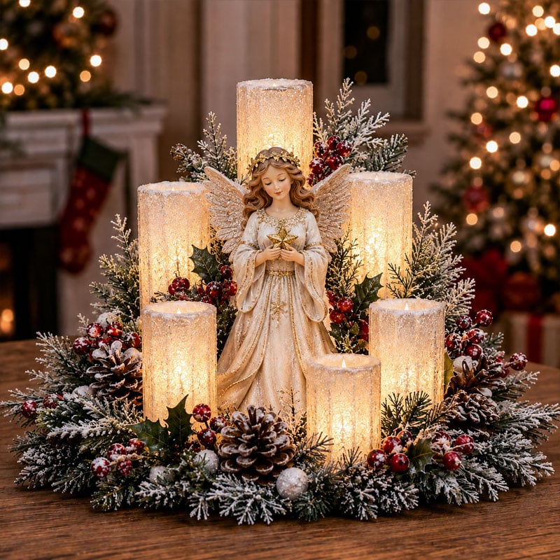 Weihnachtszauber LED-Kerzenlicht – Beleuchtetes Weihnachtsgesteck mit Figur