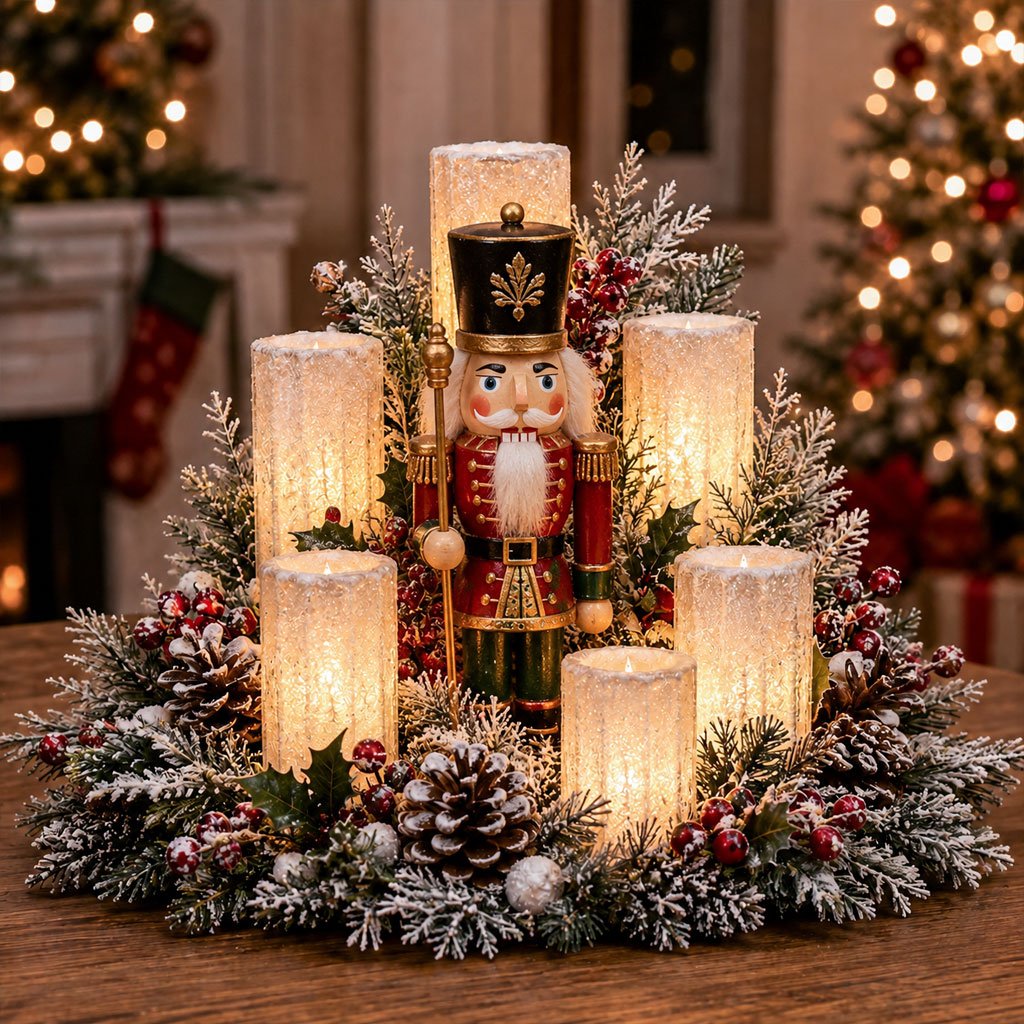 Weihnachtszauber LED-Kerzenlicht – Beleuchtetes Weihnachtsgesteck mit Figur